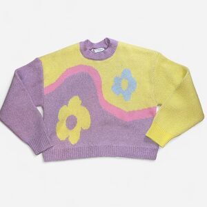ZARA Pastel Purple and Green Flower Crewneck Sweater (Size Small)